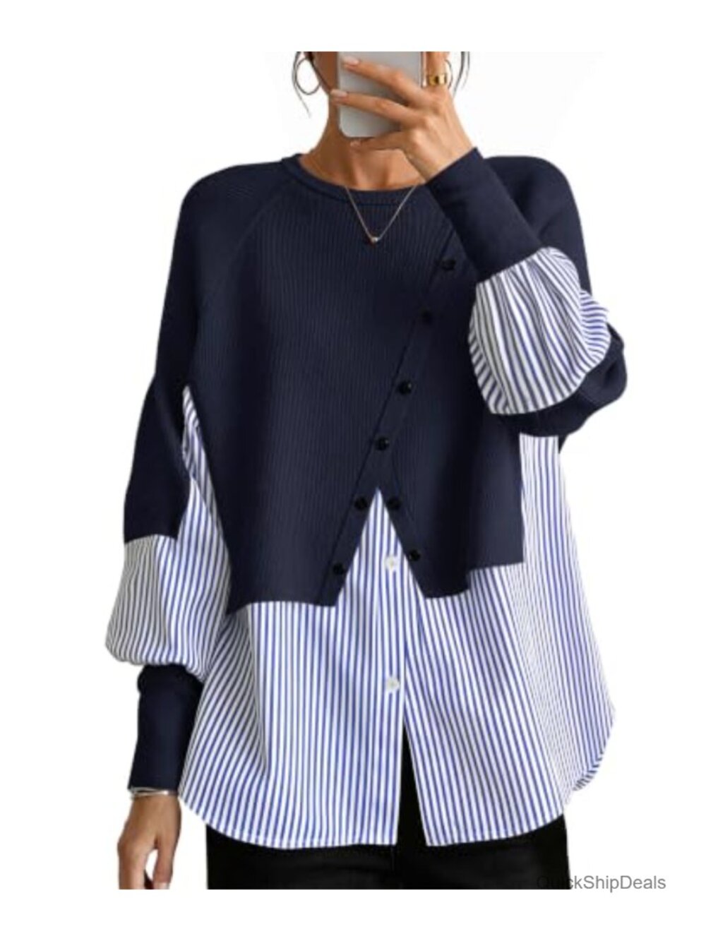 Women Knit Tunic Top Patchwork Plaid Lightweight Teacher Sweater Long Sleeve